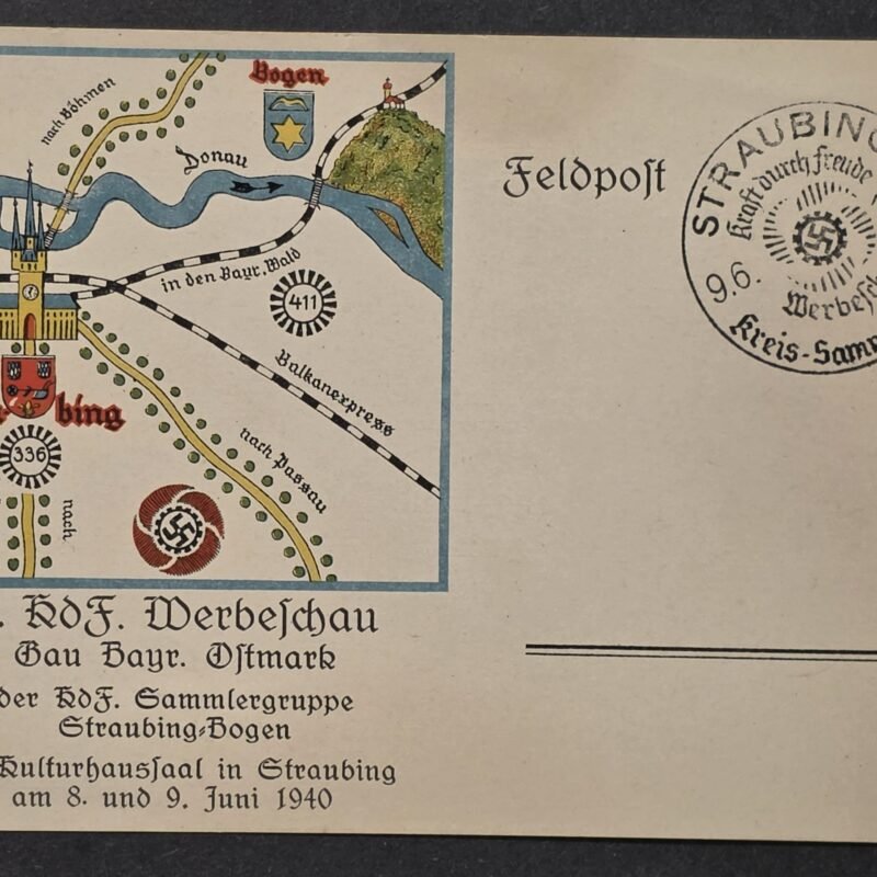 20260826_173437 WW2 Nazi German Third Reich 1940 Straubing-Bogen KdF Stamp Collectors Exhibition Feldpost Postcard