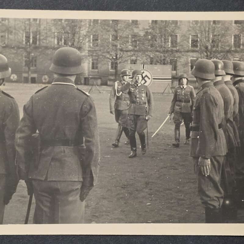 20260826_173521 WWII German Decorated Wehrmacht Officers Parade Inspection Photo Postcard Swastika Banner Sword