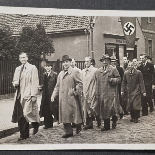 WWII German NSDAP Party Members Third Reich Civilian Procession Swastika Flag Photograph Postcard RPPC