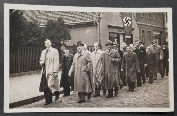 WWII German NSDAP Party Members Third Reich Civilian Procession Swastika Flag Photograph Postcard RPPC