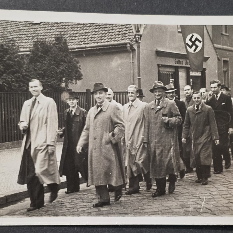 20260826_173539 WWII German NSDAP Party Members Third Reich Civilian Procession Swastika Flag Photograph Postcard RPPC