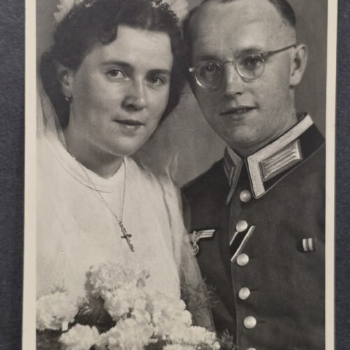 WWII Nazi German Wehrmacht Soldier Wedding Portrait Photo Postcard RPPC Bride & Groom