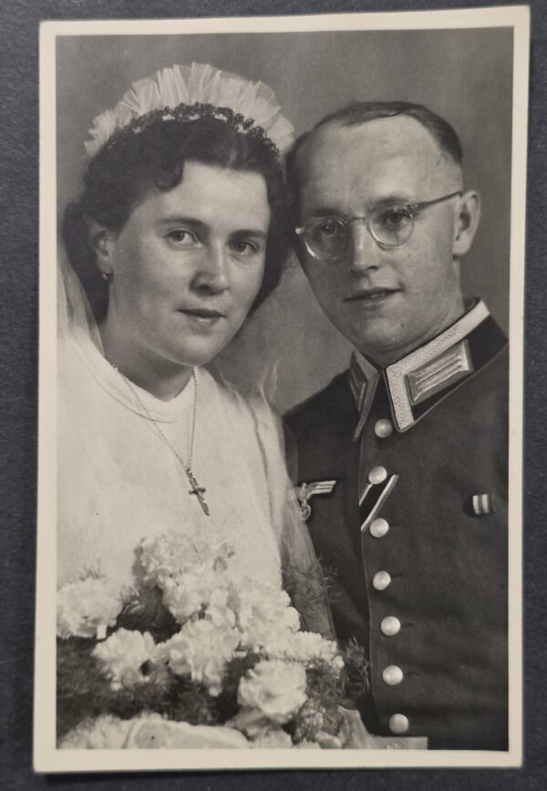 WWII Nazi German Wehrmacht Soldier Wedding Portrait Photo Postcard RPPC Bride & Groom