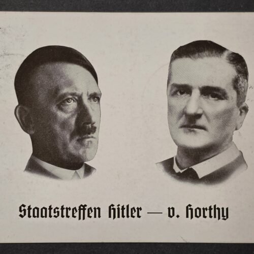 20260826_173823 Rare WW2 Nazi German 1938 Adolf Hitler & Miklós Horthy Friendship Postcard – Dual Nürnberg Cancels