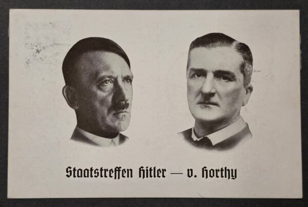 20260826_173823 Rare WW2 Nazi German 1938 Adolf Hitler & Miklós Horthy Friendship Postcard – Dual Nürnberg Cancels