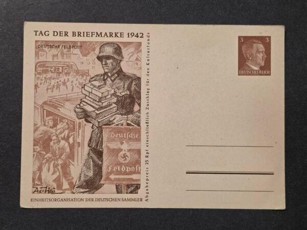 20260826_173855 WW2 Nazi German Third reich 1942 Tag der Briefmarke Steel Helmet Soldier Feldpost Postcard