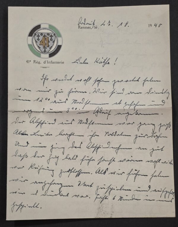 20260827_173458 1940 German Soldier Letter Written on Captured French 41st Infantry Regiment Stationery Rennes WWII France