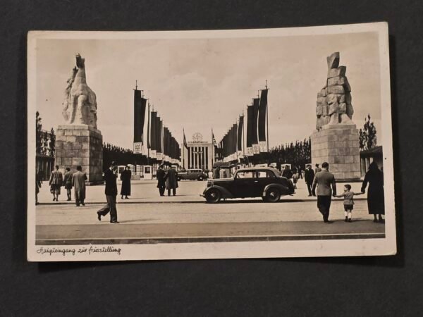 1937 Nazi German Third Reich DAF Building Düsseldorf DAF Exhibition Postcard w Swastika Flags Banners