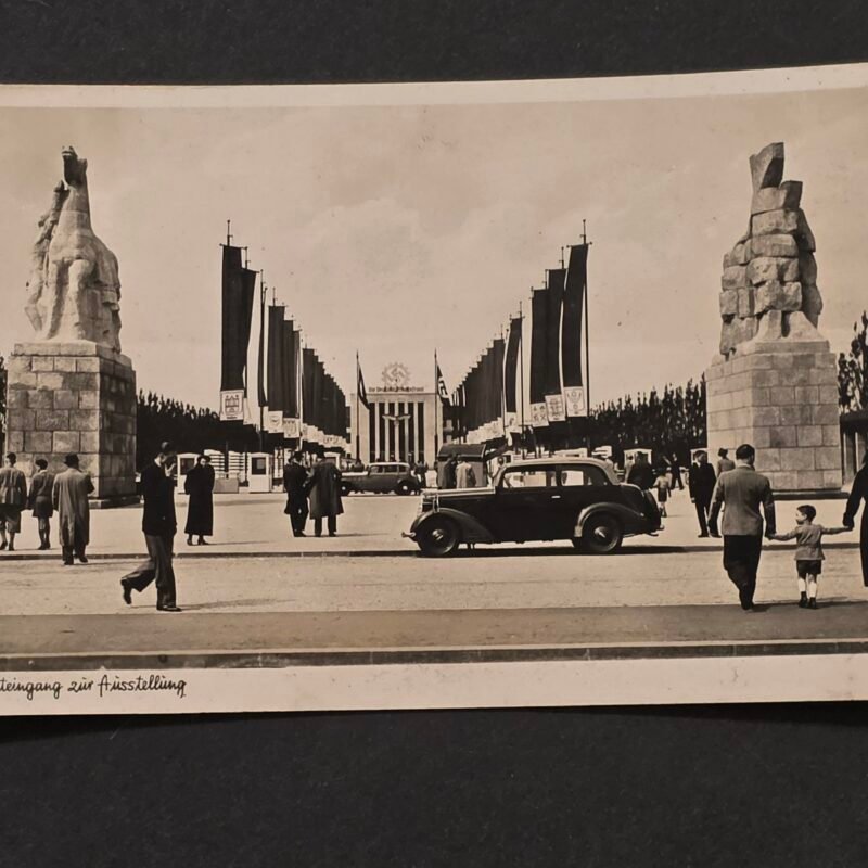 1937 Nazi German Third Reich DAF Building Düsseldorf DAF Exhibition Postcard w Swastika Flags Banners
