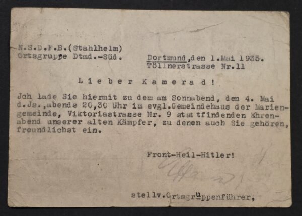 20260827_180521 Rare WW2 Nazi German Frontkampfer 1935 NSDFB Stahlhelm Dortmund Invitation Postcard Old Fighters Meeting