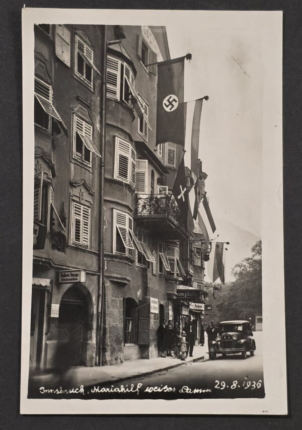 20260827_180557 Rare WW2 NSDAP German 1936 Innsbruck Maria Hilf Nazi Swastika Flag Decorated Street Photo Postcard Austria