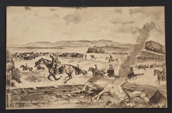 20260827_180632 WWI German 1914 Feldpost Postcard Troops Advance East Prussia Cavalry Art Sketch