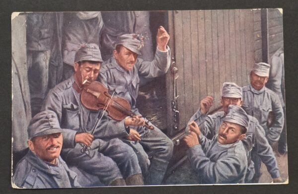 WWI Imperial German Austro Hungarian Feldpost 1915 Landsturm Soldiers Train Violin Postcard