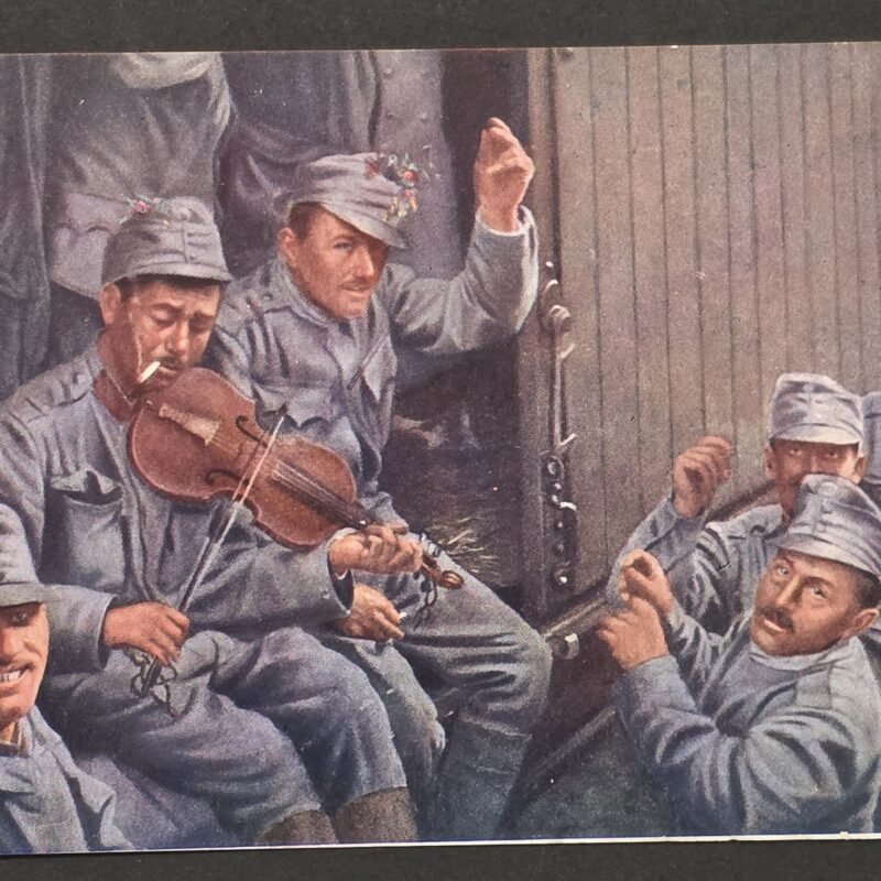 WWI Imperial German Austro Hungarian Feldpost 1915 Landsturm Soldiers Train Violin Postcard