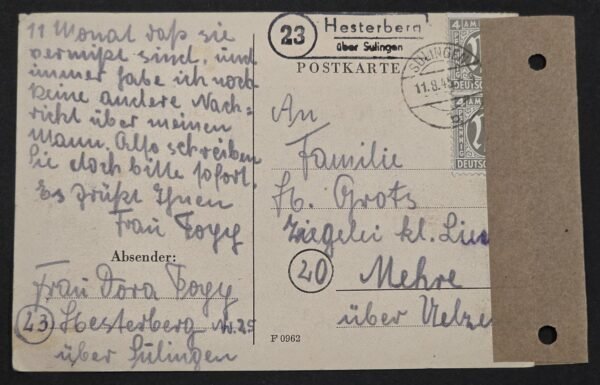 20260827_181539 Post WW2 1945 German Allied Occupation Postcard Refugee Family Hesterberg AM POST