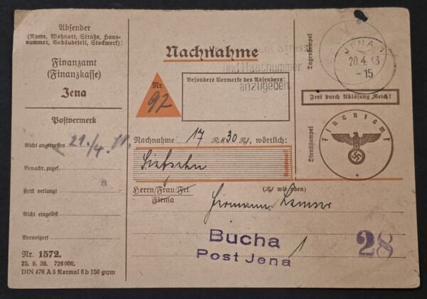 20260827_181935 WW2 Nazi German 1943 Third Reich Finanzamt Jena Nachnahme Tax Collection Card Swastika Eagle