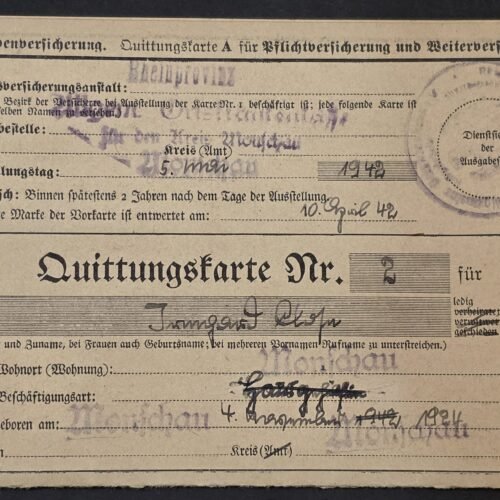 Original WW2 Nazi German 1942 Third Reich Quittungskarte Insurance Card