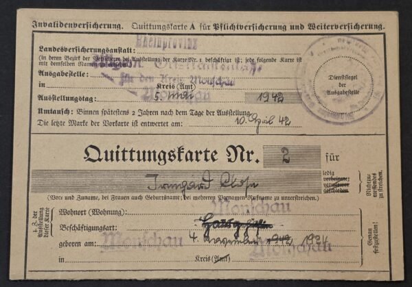 Original WW2 Nazi German 1942 Third Reich Quittungskarte Insurance Card