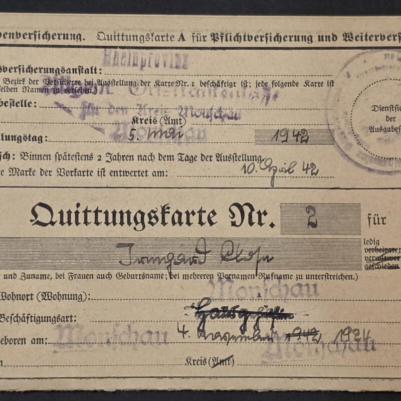 Original WW2 Nazi German 1942 Third Reich Quittungskarte Insurance Card