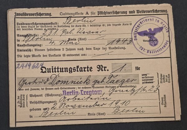 20260827_182103 1942-44 Nazi German Third Reich Berlin Invalidenversicherung Quittungskarte AEG Documents