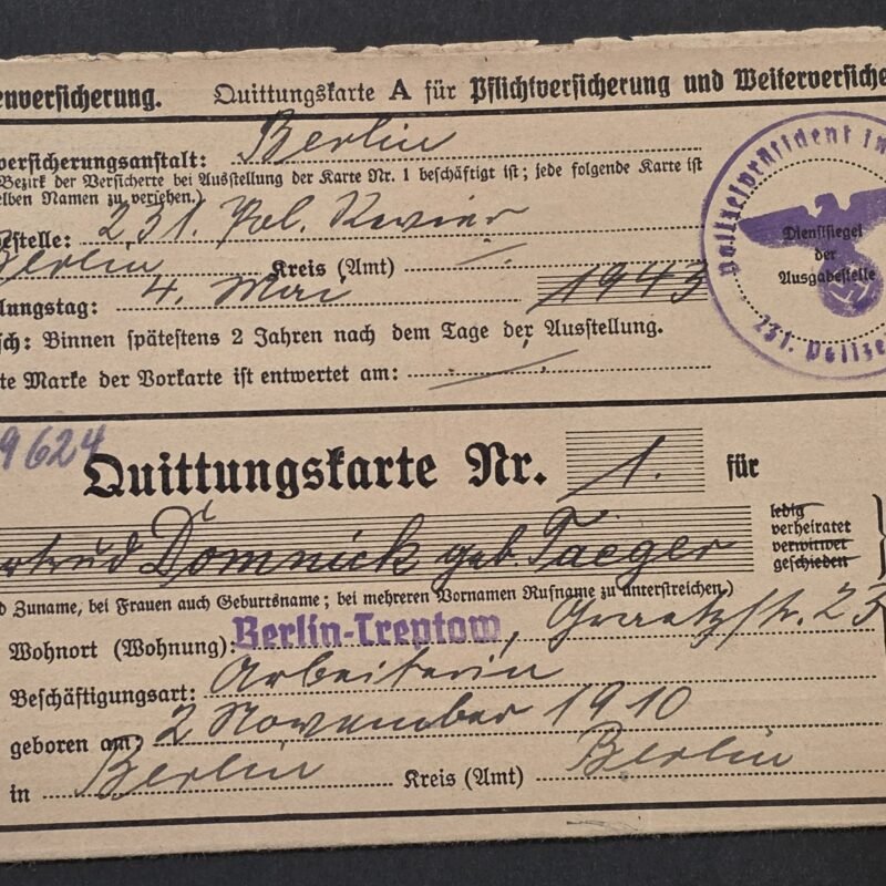 1942-44 Nazi German Third Reich Berlin Invalidenversicherung Quittungskarte AEG Documents