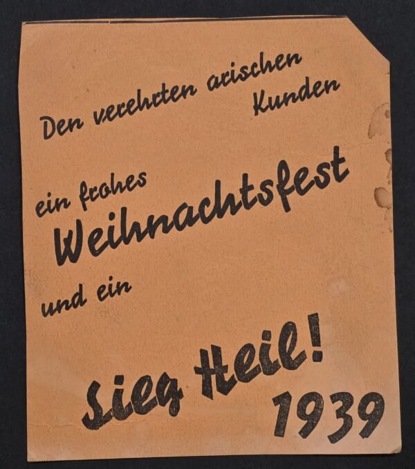 RARE Antisemitic WW2 Nazi German 1939 Third Reich Christmas Shop Sign “Arischen Kunden” Aryan Customers only Sieg Heil Santa Claus