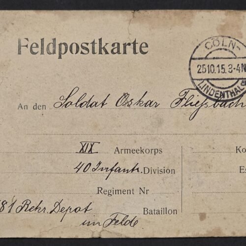 WWI Imperial German Feldpost 1915 40th Infantry Division XIX Corps Soldier Postcard