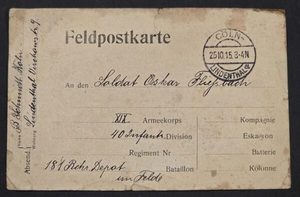 WWI Imperial German Feldpost 1915 40th Infantry Division XIX Corps Soldier Postcard