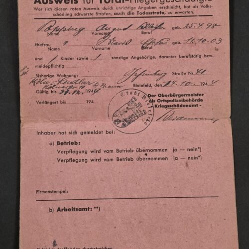 20260827_182815 BOMBED WWII German 1944 Total Loss Air Raid Bombing Victim ID document Bielefeld