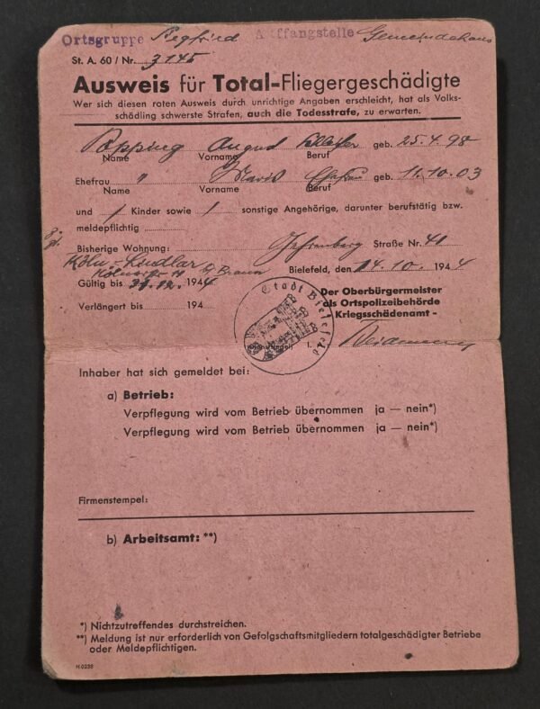 20260827_182815 BOMBED WWII German 1944 Total Loss Air Raid Bombing Victim ID document Bielefeld