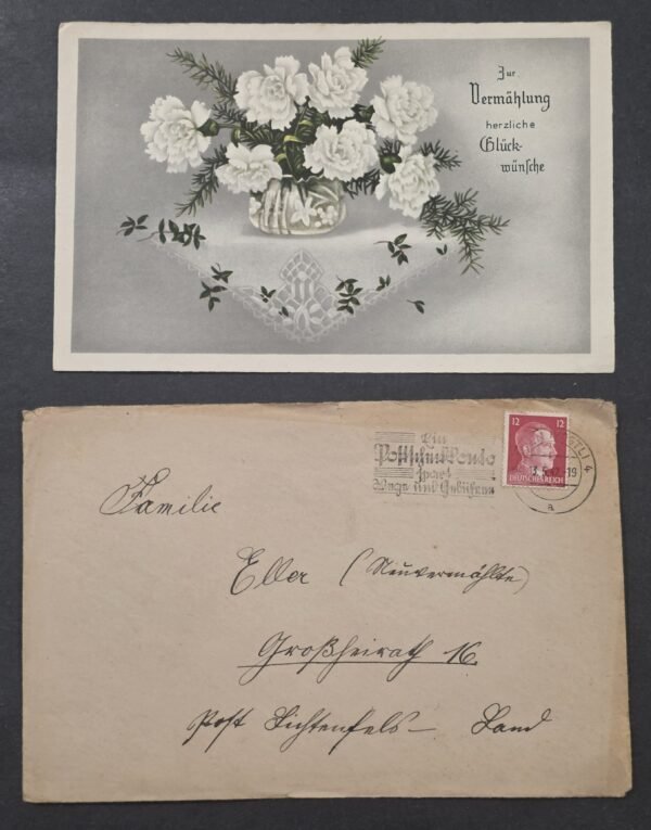 20260829_131336 WWII Nazi German Third Reich Wedding Card w Cover 1941 Hitler Stamp Postal History Flowers