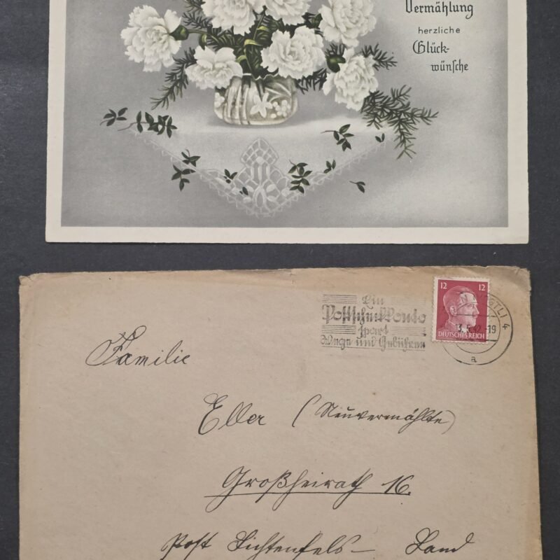 20260829_131336 WWII Nazi German Third Reich Wedding Card w Cover 1941 Hitler Stamp Postal History Flowers