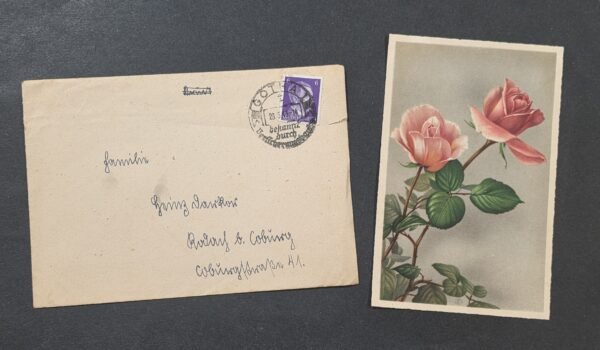 20260829_131936 WWII Nazi German Third Reich Rose Postcard w Cover Hitler Stamp 1941 NSDAP Coburg