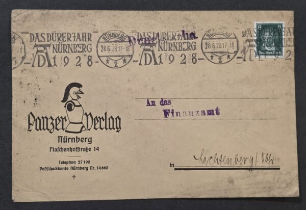 1928 German Panzer Verlag Nürnberg Cover Envelope Knight w Helmet in Armor