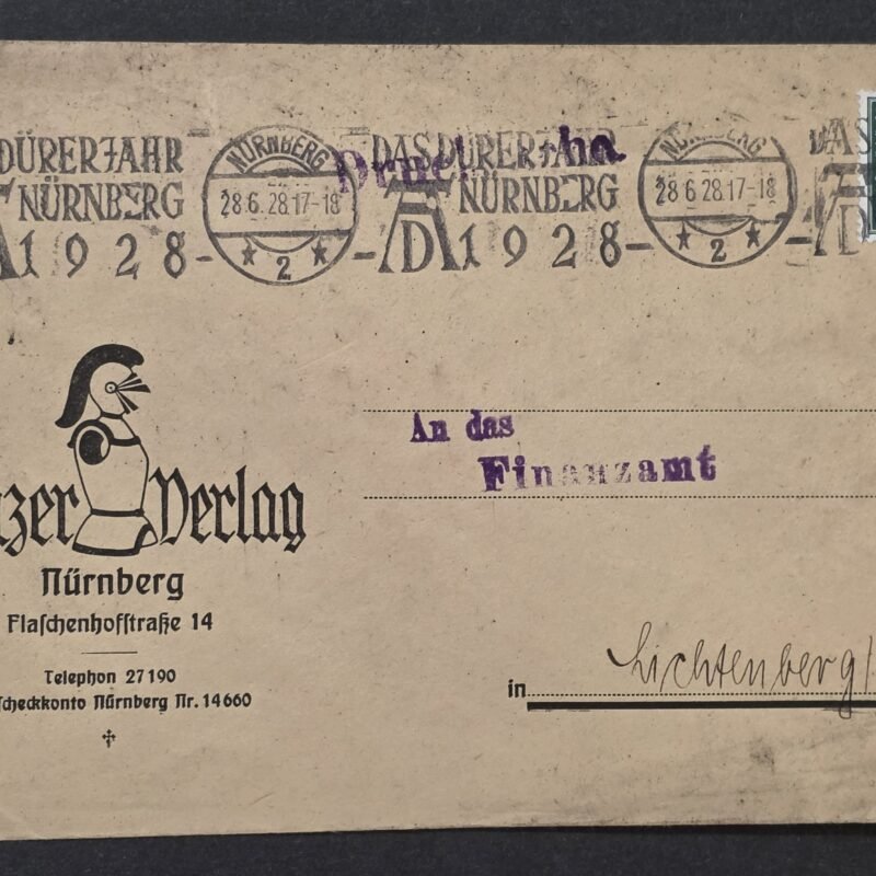 20260829_132424 1928 German Panzer Verlag Nürnberg Cover Envelope Knight w Helmet in Armor