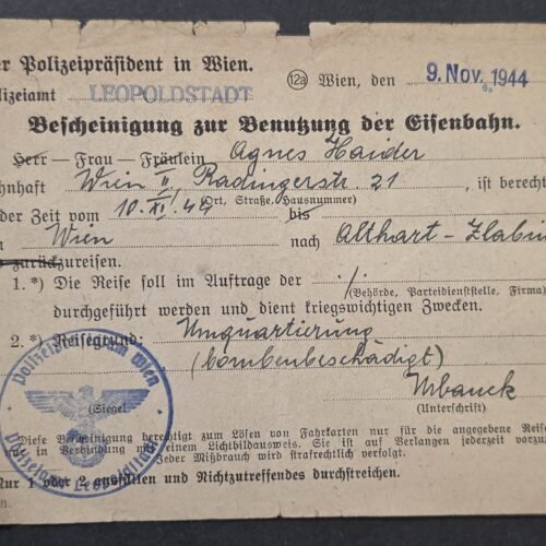 20260829_133402 WW2 Nazi German1944 Vienna Police Railway Travel Permit Polizeipräsident Wien Eagle & Swastika Stamp