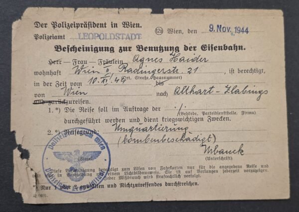 20260829_133402 WW2 Nazi German1944 Vienna Police Railway Travel Permit Polizeipräsident Wien Eagle & Swastika Stamp
