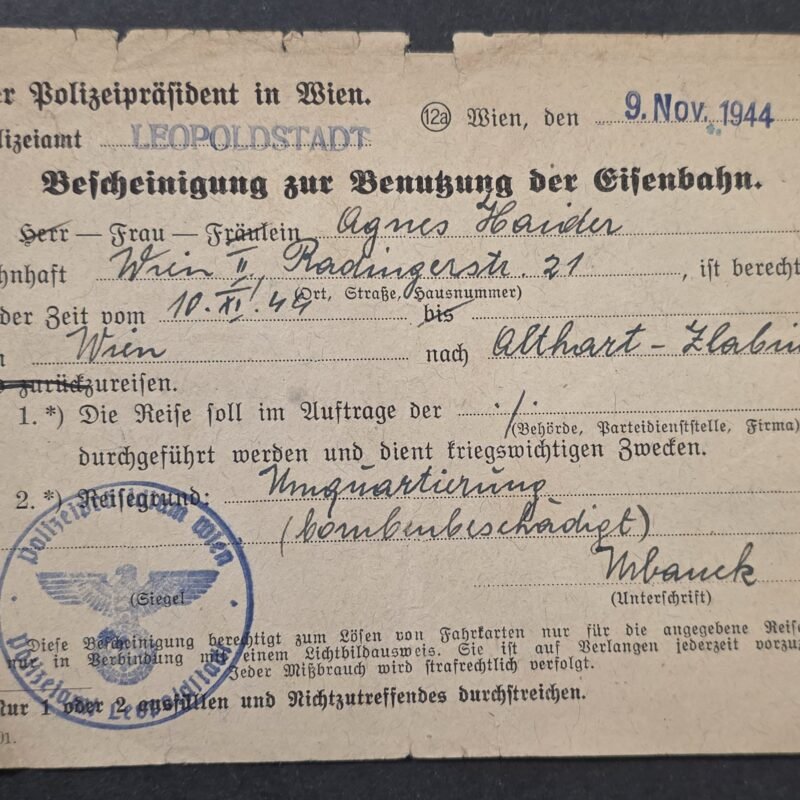 WW2 Nazi German1944 Vienna Police Railway Travel Permit Polizeipräsident Wien Eagle & Swastika Stamp