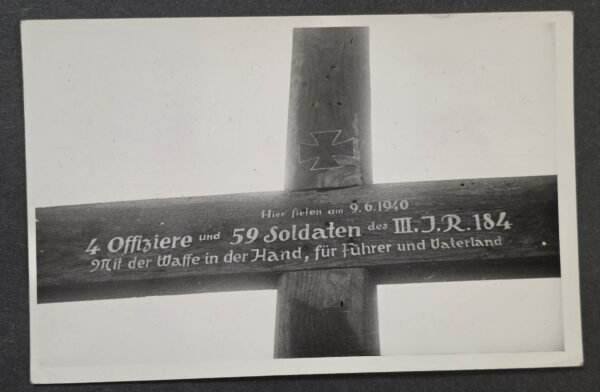 20260829_133430 RARE WWII German 63 Soldiers Killed Memorial Cross IR 184 France 1940 Postcard