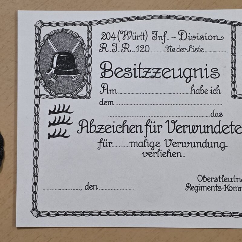 WWI Imperial German Soldiers Black Wound Badge Military Medal w Award Document