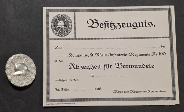 WWI Imperial German Soldiers Silver Wound Badge Military Medal w Award Document
