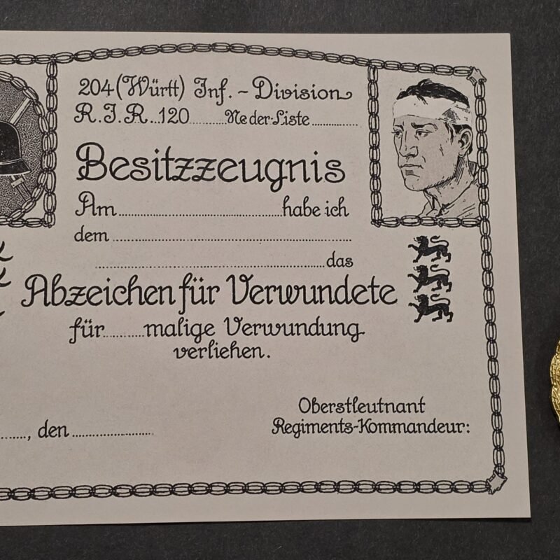 WWI Imperial German Soldiers Gold Wound Badge Military Medal w Award Document