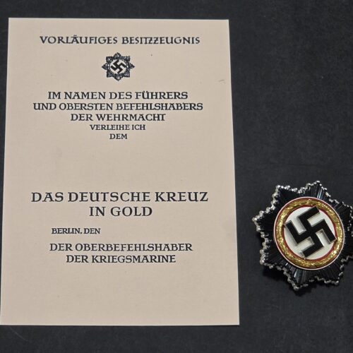 WW2 Nazi German DKIG Deutsche Cross in Gold Enamel Swastika Medal 1941 w Award document