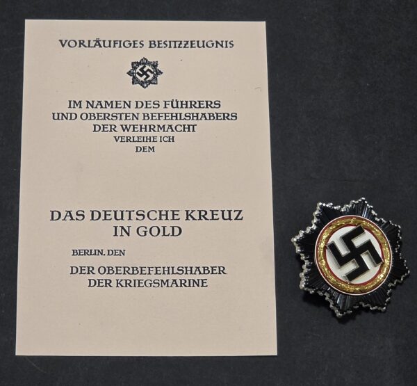 WW2 Nazi German DKIG Deutsche Cross in Gold Enamel Swastika Medal 1941 w Award document