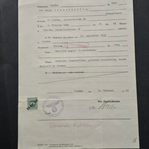 d14 WWII German Third Reich 1942 Child Death Certificate Diphtheria Civil Document