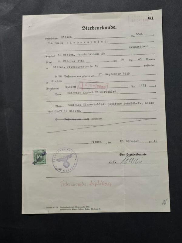 d14 WWII German Third Reich 1942 Child Death Certificate Diphtheria Civil Document