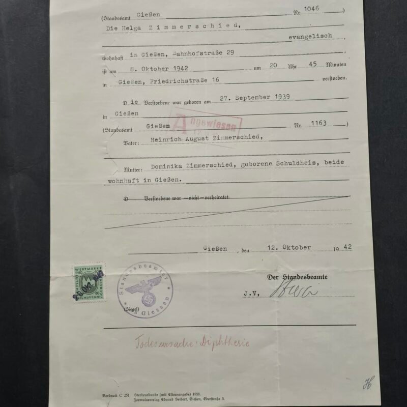 d14 WWII German Third Reich 1942 Child Death Certificate Diphtheria Civil Document