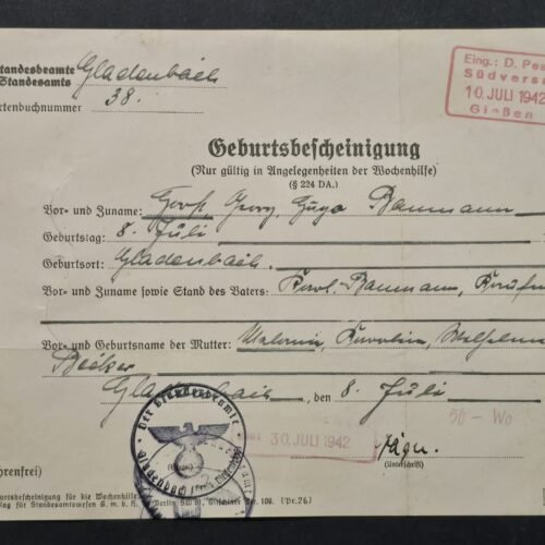 d23 WWII Nazi German Third Reich 1942 Birth Certificate July 8th Civil Registry Document