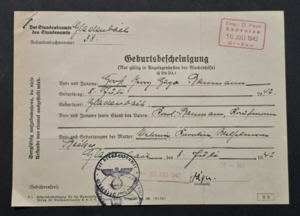 d23 WWII Nazi German Third Reich 1942 Birth Certificate July 8th Civil Registry Document