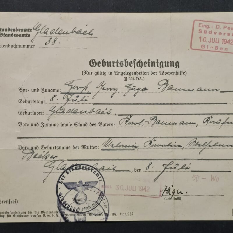 d23 WWII Nazi German Third Reich 1942 Birth Certificate July 8th Civil Registry Document